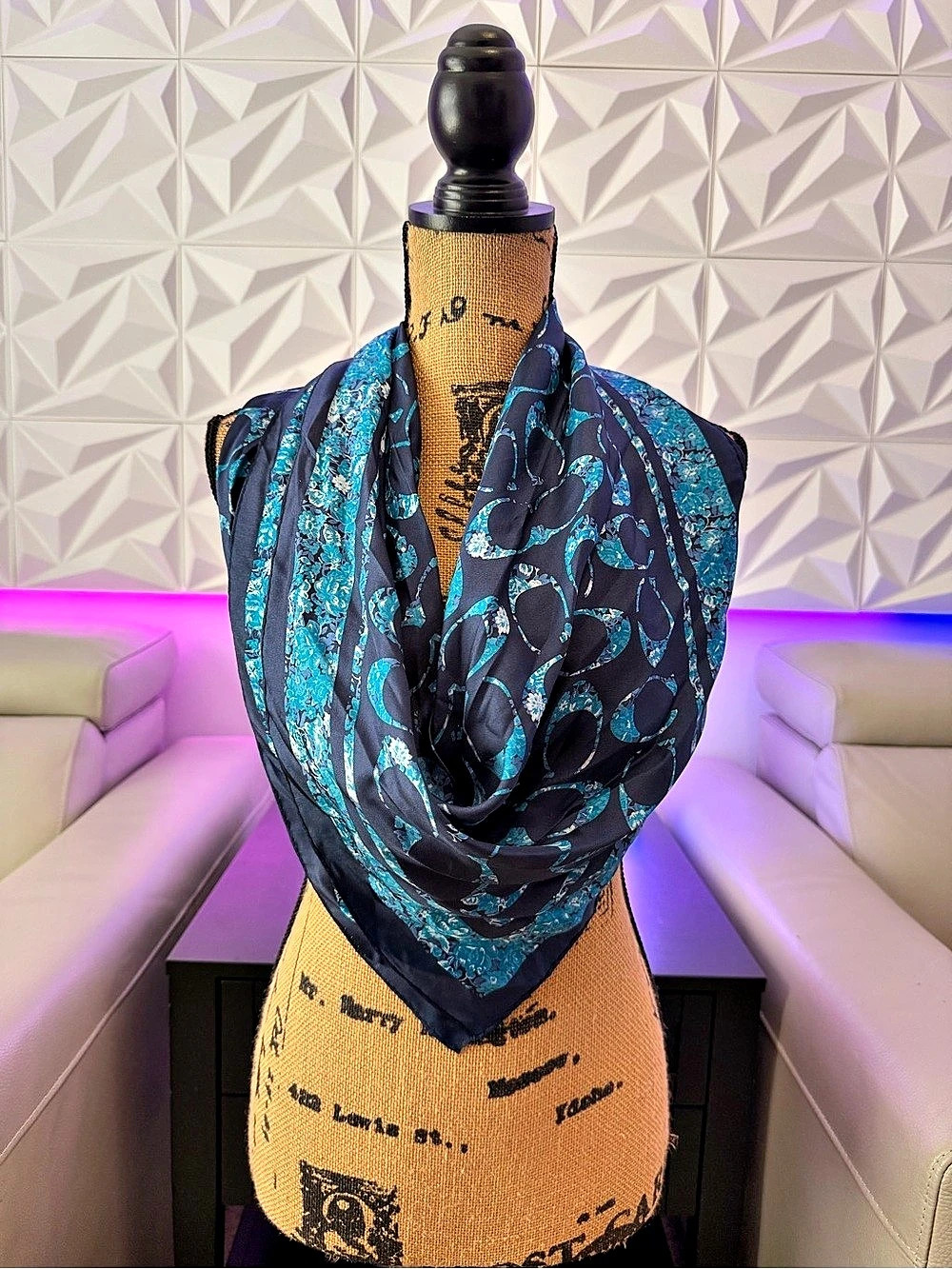 NWT Coach Signature C Rose Meadow 100% Silk Square Scarf | True Navy | 35"